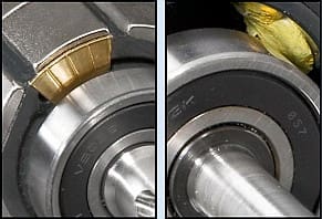 ClearPath motor's custom, brass balancing weights (left) are more precise and secure than balancing putty (right)