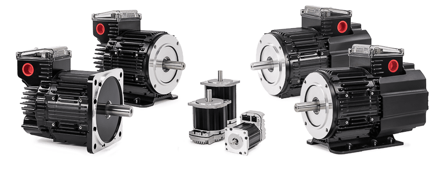 Nine integrated ClearPath MC servo motors displaying the range of physical size options